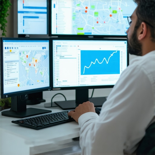 A digital marketing professional reviewing local SEO analytics on multiple screens, highlighting advanced strategies.