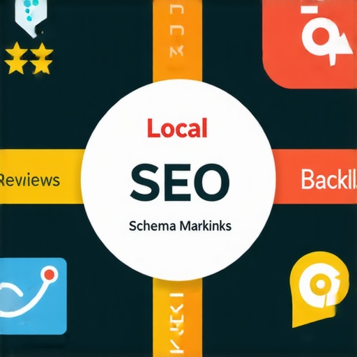 Infographic illustrating local SEO tactics like reviews, backlinks, schema markup, and voice search optimization.