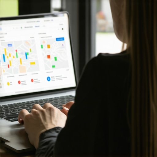 Analyzing Local SEO Data for Map Optimization Person reviewing local SEO metrics and analytics on a laptop for Google Maps ranking improvement.