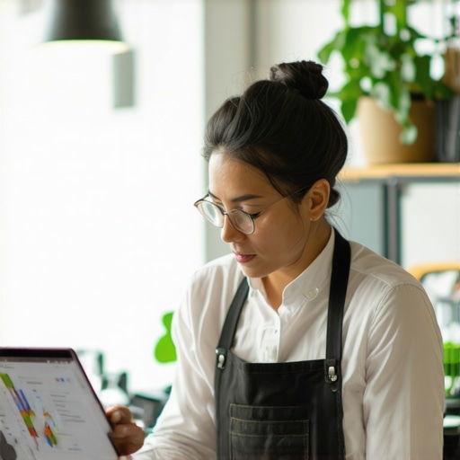 Business owner updating Google My Business profile on desktop and mobile