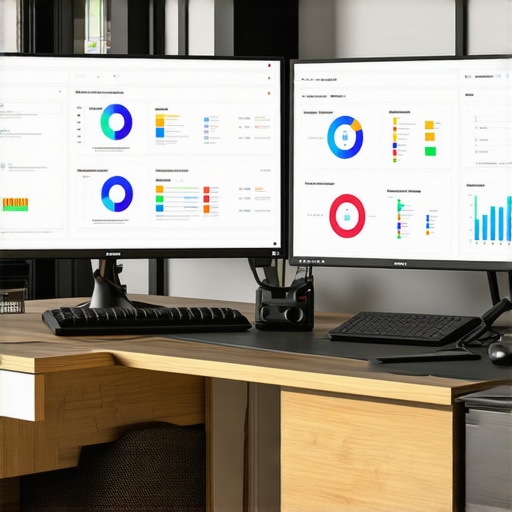 Desk setup with SEO dashboards showing local search metrics, citation status, and keyword rankings.