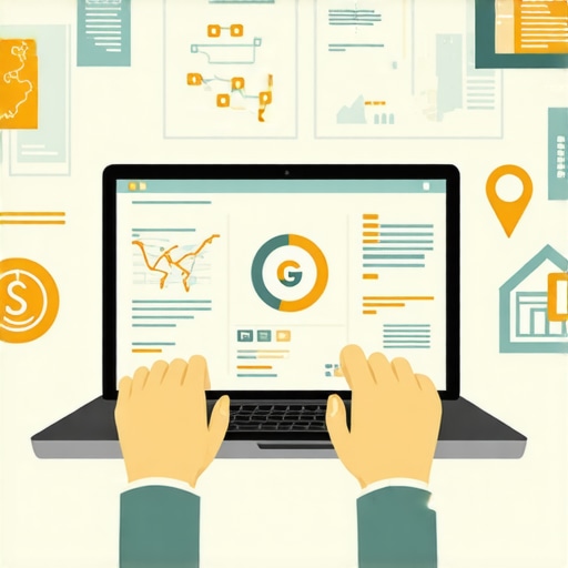 Person analyzing local SEO metrics with maps and analytics dashboard.