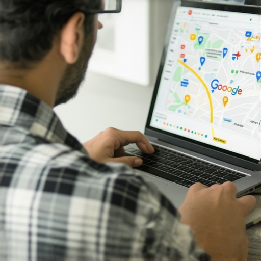 Marketing professional reviewing local search optimization data on laptop