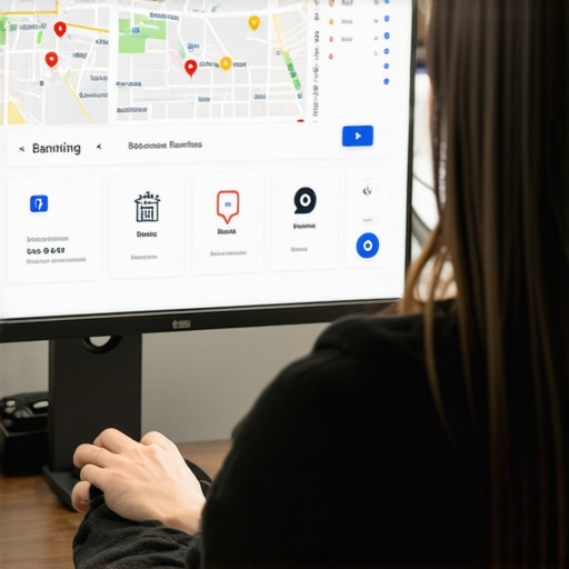 Person reviewing SEO performance metrics on a digital dashboard with maps and graphs.