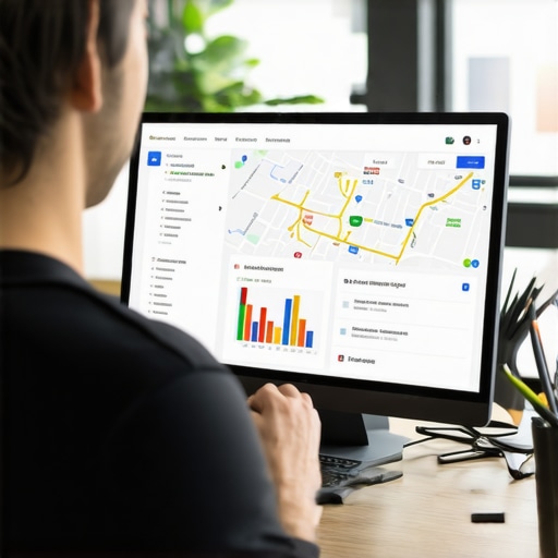 Business owner working on Google My Business profile on a laptop with maps and analytics displayed