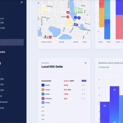 A computer screen showing local SEO performance dashboards with graphs and maps.