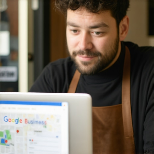 Optimizing Google My Business Profile Business owner updating GMB profile on laptop with storefront signs in background.