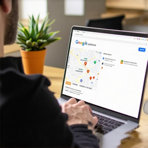 Business owner editing Google My Business listing on laptop to improve local search visibility.