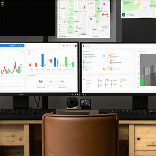 Close-up of SEO analytics dashboards and keyword tools on computer screens