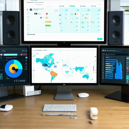 A workspace with screens showing maps analytics and SEO dashboards