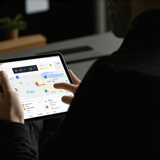 Business owner reviewing maps and SEO metrics on a digital tablet in office.