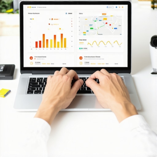 A person reviewing Google Maps analytics on a laptop with growth charts