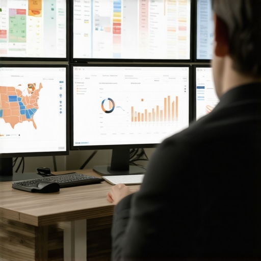 A professional monitoring local SEO metrics on multiple computer screens, illustrating tools used for maintaining map presence.