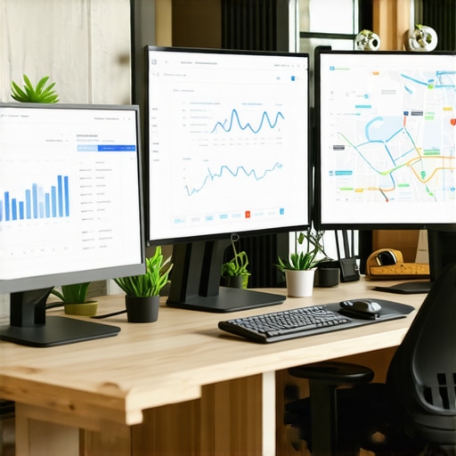 A workspace with screens showing local search performance metrics and maps analytics.