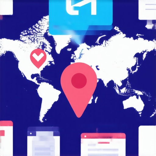 Optimizing Local SEO Checklist A visual of a digital map with checklists, location pins, and website screens representing local SEO optimization process.