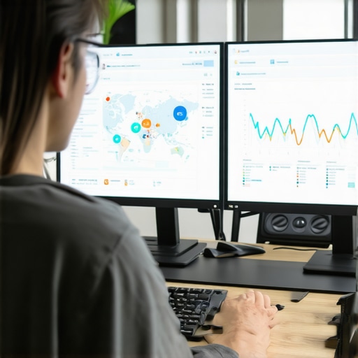 A person analyzing local maps SEO metrics on computer screens with charts and dashboards.