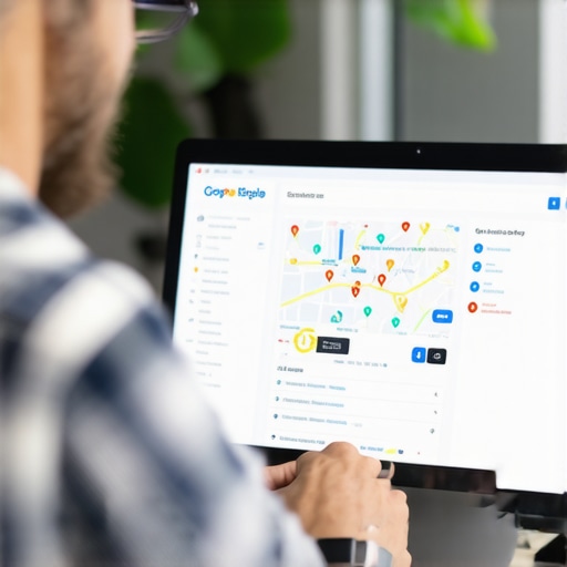 Business owner examining maps and analytics data on a computer for local SEO improvements.