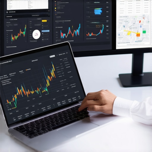 A person analyzing local SEO metrics on a laptop with charts and maps displayed on screens.