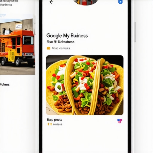 Optimized Google My Business Profile for Food Trucks Food truck with a well-optimized Google My Business profile showing reviews and photos.