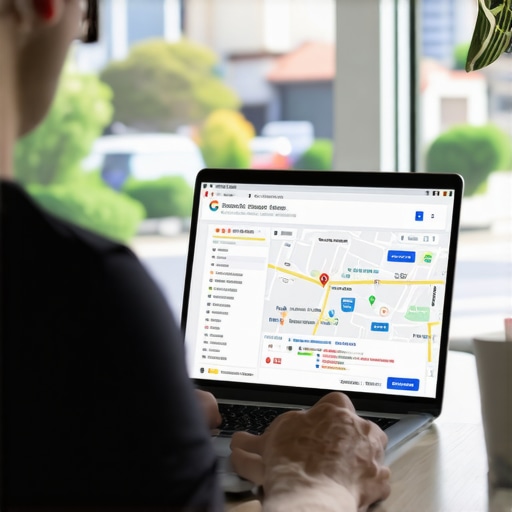 Business owner updating their Google Maps listing on a laptop with city background.