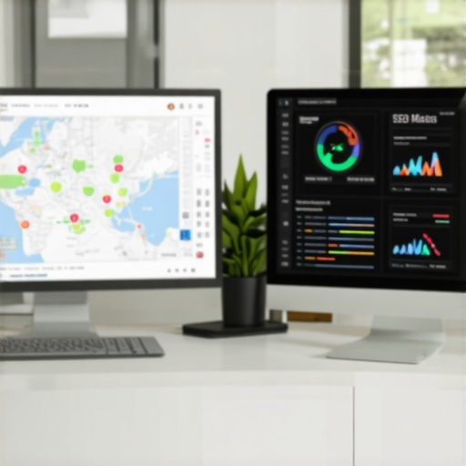 Optimizing Maps SEO with Advanced Tools A modern office setup with screens showing maps SEO dashboards
