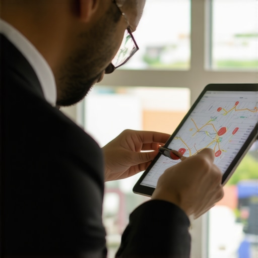 Businessman reviewing maps SEO metrics on a tablet with charts and graphs
