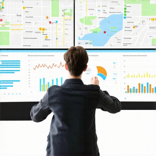 Person reviewing digital dashboard with maps and analytics