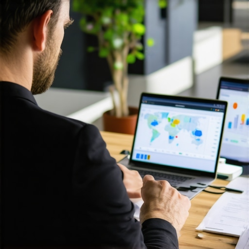 Business owner analyzing local SEO performance data and maps on a laptop