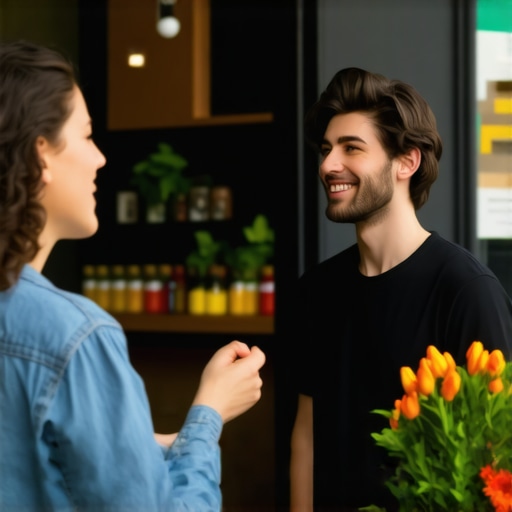 A business owner interacting with customers outside their storefront in a lively neighborhood