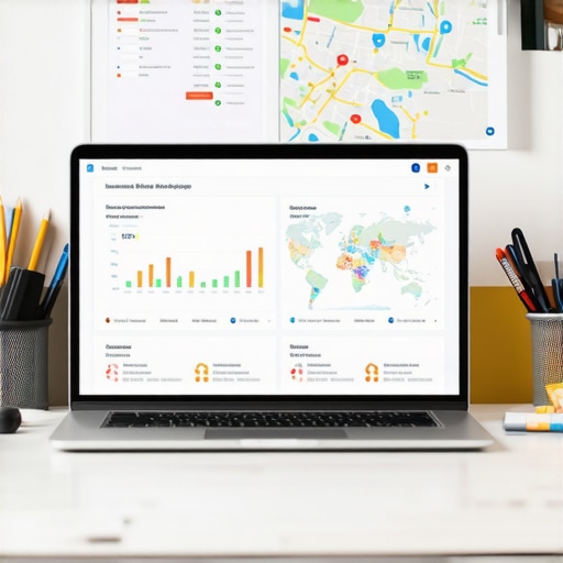 A person analyzing local SEO metrics on a laptop with maps and analytics dashboards.