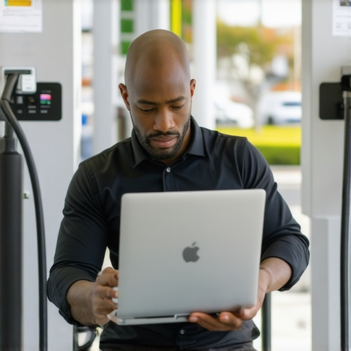 Business owner editing Google listing on laptop in front of EV chargers.