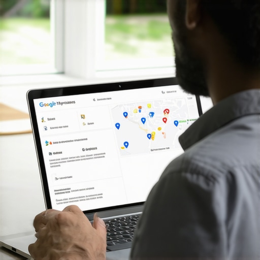 Business owner working on Google My Business profile with local map in background