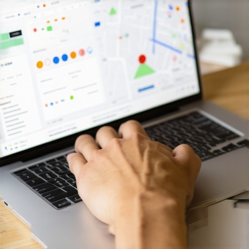 Person working on GMB profile optimization with digital charts and maps.