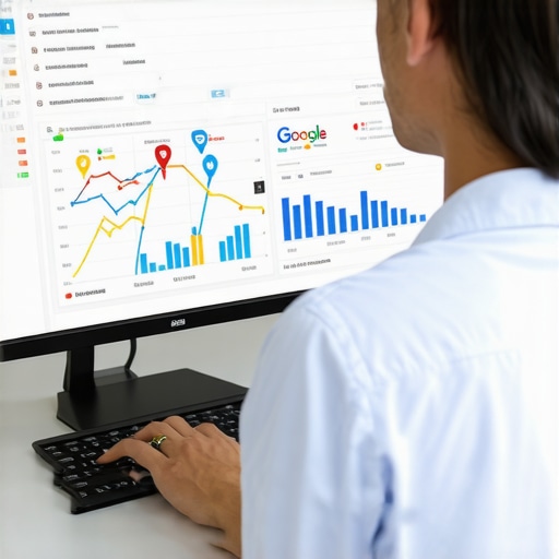 Person reviewing Google Maps conversion data on a laptop with charts
